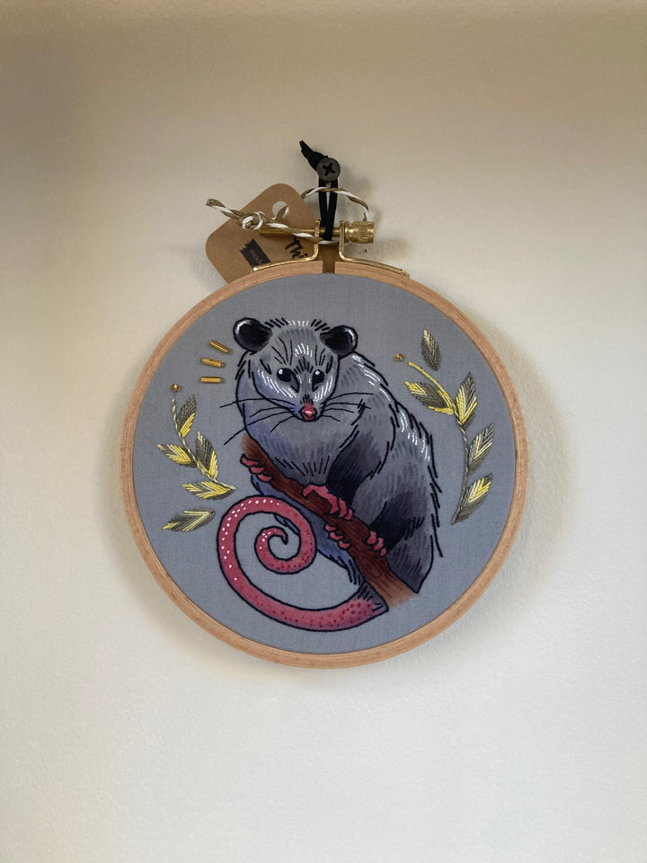 Thistle Finch Opossum Embroidery Hoop